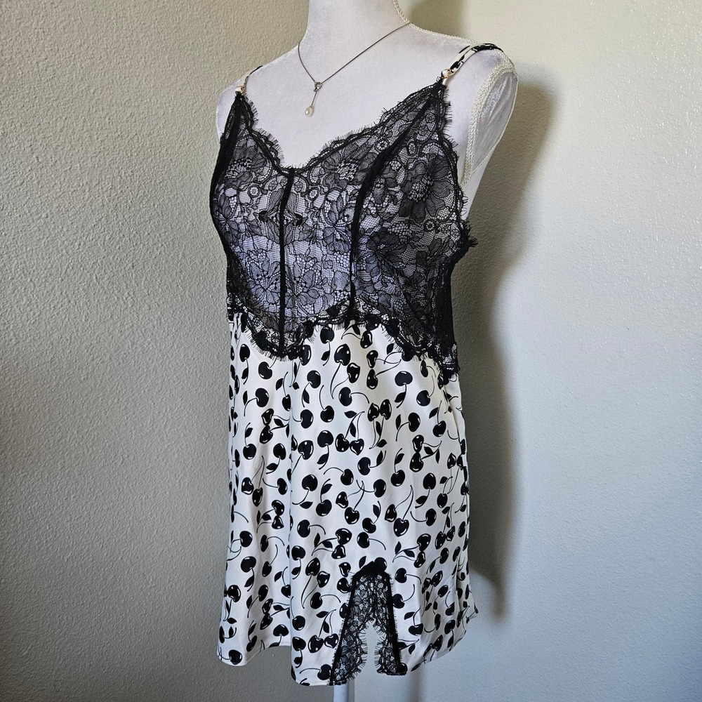 Victoria's Secret Cherry Print Lace Slip Dress Nightgown Black‎ White NWT